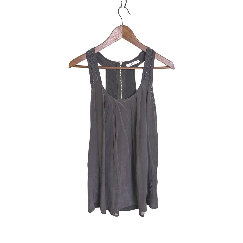 Hazel 100% Silk Beaded Racerback Tank Top Small Gray Pleated Exposed Zip